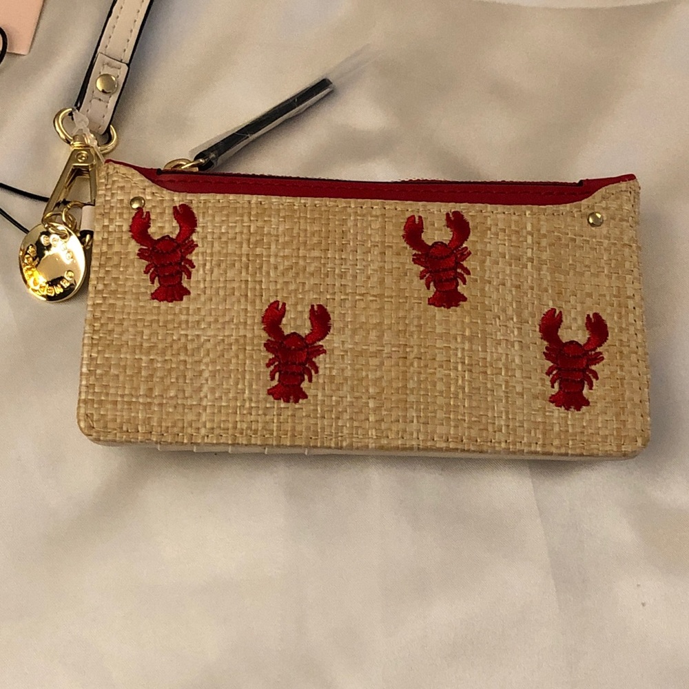 BCBG Generation Natural Color Straw Card Wallet Red Embroidered Lobsters NWT - Picture 13 of 16
